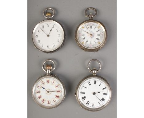 A collection of four silver fob watches including hand painted floral design face example.  