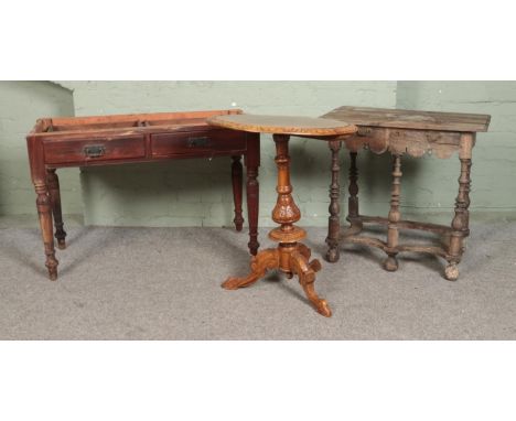 Three assorted tables for restoration to include Georgian side table with brass handles and escutcheons on turned supports wi