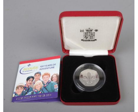Royal Mint, A 2007 Cub Scouts 100 Years of Adventure silver proof Piedfort 50p coin in box with COA  