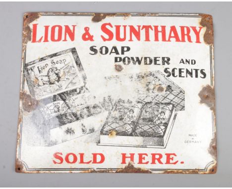 A vintage enamel sign for Lion & Sunthary soap powder and scents "Sold Here"29x36cm  
