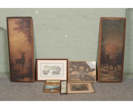A collection of assorted paintings and pictures, to include a pair of panels depicting stag deer within countryside, a framed