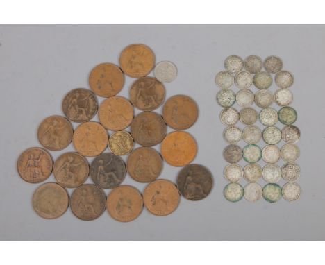 A small quantity of British pre-decimal coinage, including one penny, three pence and approximately 42g of pre 1947 silver th