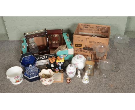 A box of miscellaneous to include two bottle tantalus, Hammersley, Wedgwood, Caithness, Ringtons delivery teapot, etc.  