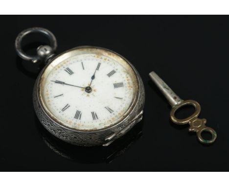 A Swiss silver fob watch, with Roman Numeral markers and scrolled detailing to back plate. Stamped 935 to the inside of the c