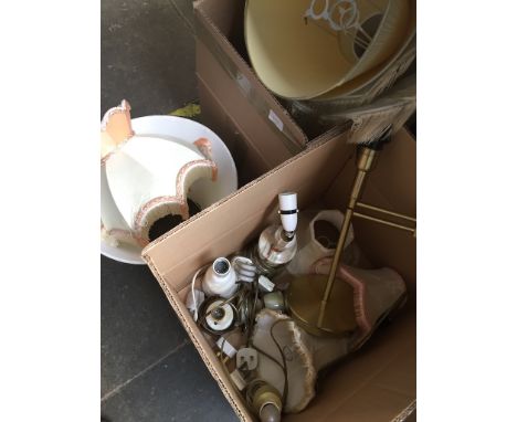 Two boxes containing five onyx table lamps, a brass table lamp and various shades 