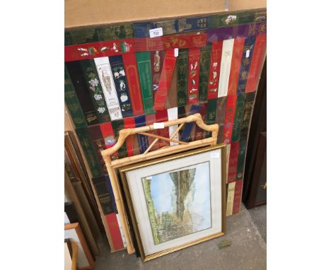 A bamboo framed mirror, a watercolour, an Asian style painting on cloth, and a framed collection of book marks 