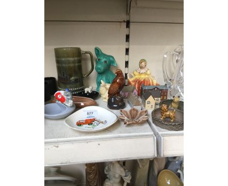 Wade items including a green dog with glass eyes, ceramic figure Curtsey, and TT bike race dish