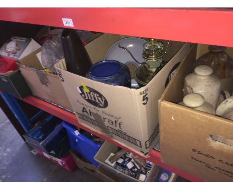 4 boxes of misc to include vases, earthenware, stoneware, Aladdin paraffin lamp, hardware, cutlery, platedware, etc. 