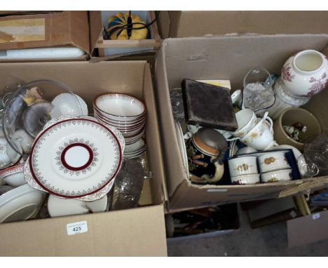 2 boxes of misc including Royal Grafton part diner set, glass cake stand, bowls, pottery, glass, Royal Worcester ramekin dish
