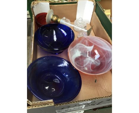 a box of glass ware including part dressing table set, various coloured glass bowls and a Murano candlestick 