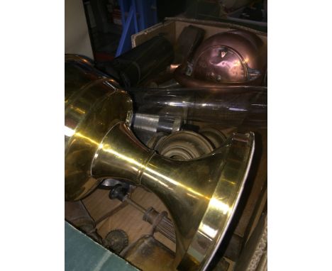 Box containing blowlamps, plane, copper kettle etc and a brass oil lamp 
