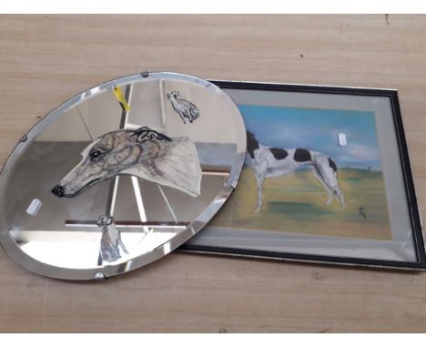 A pastel depicting a dog and a doggy themed mirror. 