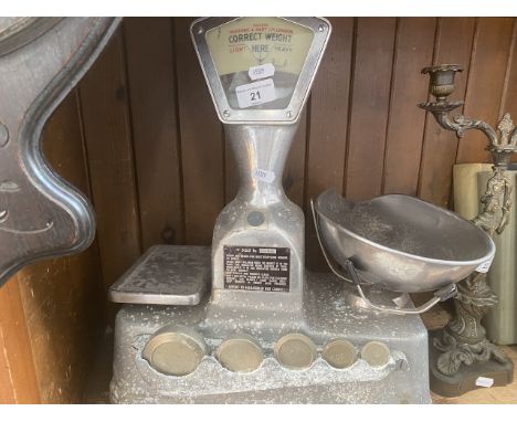 A set of shop's scales "A" scale, no : 4686 with pan and weights. 