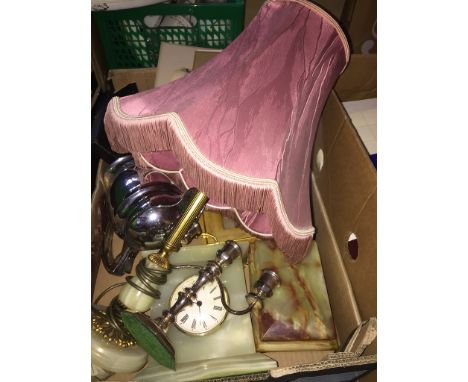A box of collectables to include onyx lamp, onyx clock, jewellery box, boxed plated spoons, silver handled hook, mezzotints, 