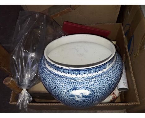 A box of misc, glass storage jars, stoneware, glass demijohn and a planter. 