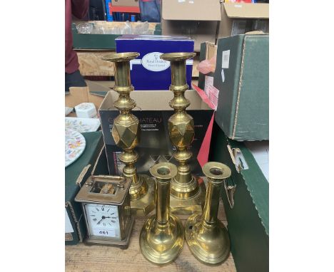 A vintage T.M. Taylor &amp; Sons Cowes brass and glass carriage clock, a pair of Victorian brass candlesticks and a pair of G
