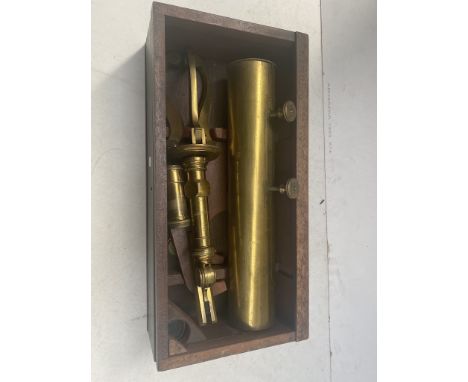 An antique brass telescope in wooden case.The length of the telescope is 14 inches/35.56cm.Futhermore, there is no writing on