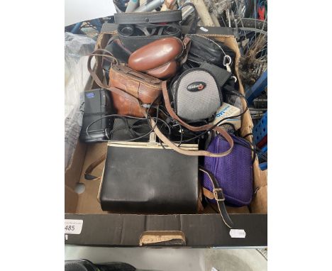 A box of cameras, binoculars and other accessories including Halina Super 8 cine camera, Olympus, Kodak, etc. 