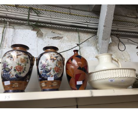 2 vases (drilled for light fitting), modern terracotta vase, and a jug and bowl set with bamboo decoration 