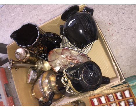 A box containing epns and ceramic coffee pot and water jug etc 