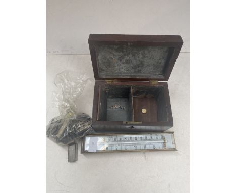 Antique tea caddy and a cased thermometer. 