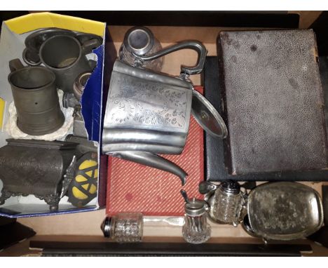 A box of metalware including a pewter tea caddy and other antique pewter, silver plated ware etc. 