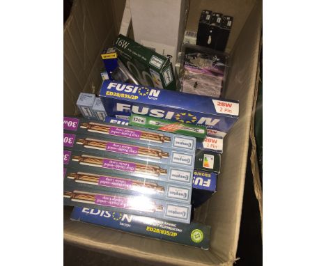 A box of assorted light bulbs, strip lights, etc. 