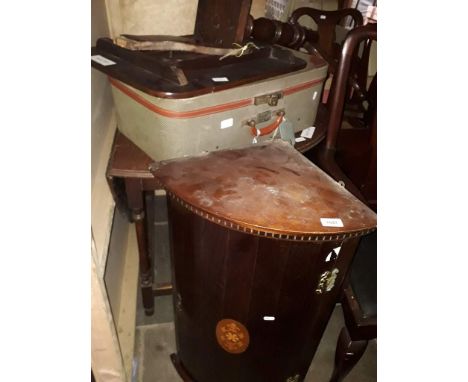 A tripod table, a drop leaf table, a vintage suitcase and an inlaid mahogany corner cabinet 