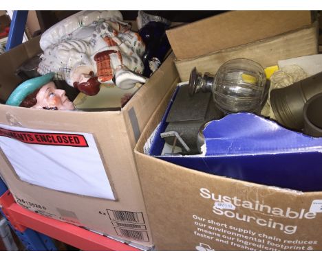 2 boxes of misc pottery, ornaments, Old English pewter, misc coins, Staffordshire figure, metalware, brassware, silver topped