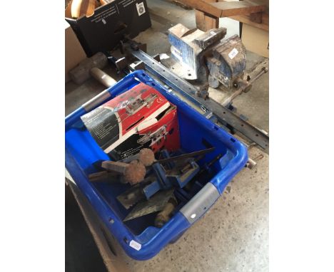 Collection of tools including sash clamps, sledgehammer, a large Record vice, router etc 