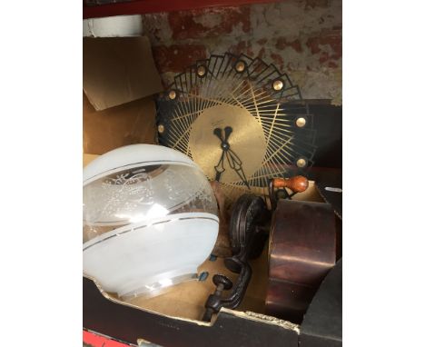 Box of miscellaneous including oil lamp shade, mantel clock, Weimer clock, vintage bean slicer, Victorian prints etc. 
