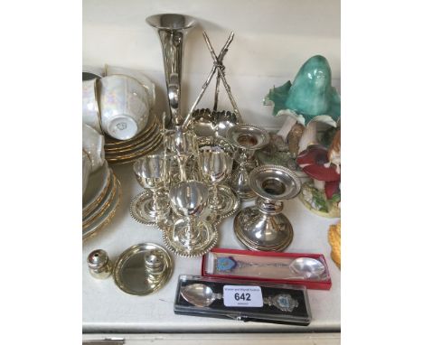 Silver plated ware including souvenir spoons, Basel marked '800', Preston, plated vase, plated cruet egg cups and spoons on s