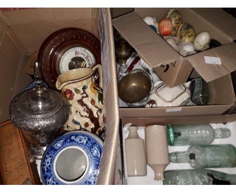 4 boxes of misc items to include barometers, clock, old bottles, vases, bowls, ornaments, wooden box of dominoes, ornamental 