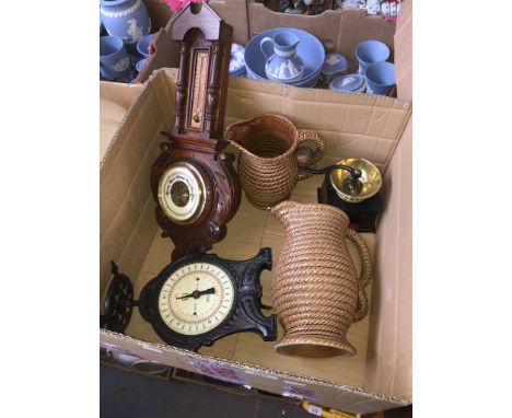 A vintage coffee grinder, kitchen scales and barometer with 2 large Govancraft jugs 