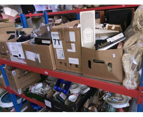 9 boxes of miscellaneous to include household, kitchenware, ornaments, lamps, cards, Royal Albert plates, glassware, curtains