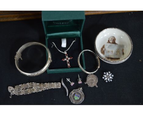 Silver Items Including Bracelets, Fobs, Crucifix, Silver Rimmed Bowl, etc. 
