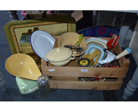 Collection of Vintage Kitchenalia; Enamelware, Scales, Bowls, etc. 