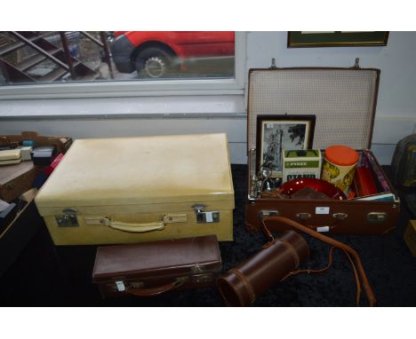 Vintage Suitcases Including Cream Leather Ladies Case and a Case Containing Assorted Collectibles 