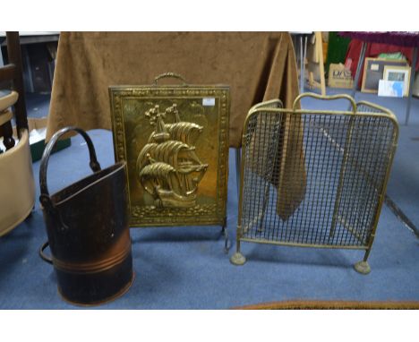 Brass Firescreen, Fireguard and a Coal Bucket 