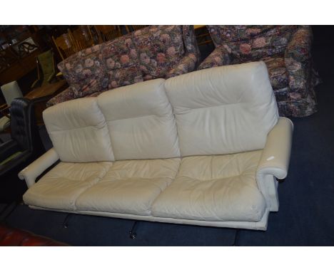 Retro Cream Leather Three Seat Sofa on Chrome Legs 