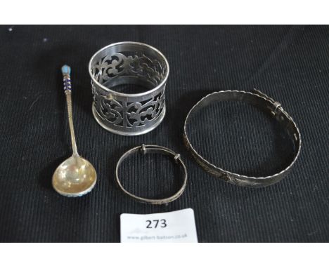 Hallmarked Silver Napkin Ring, Bangles, Spoon, etc. 