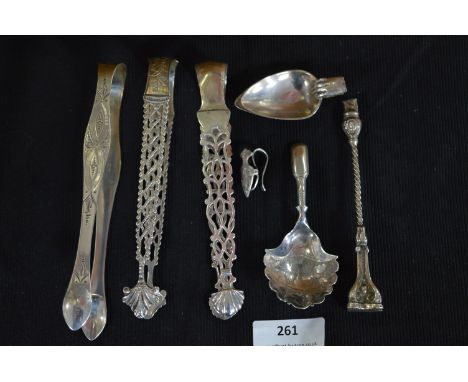 Three Hallmarked Silver Sugar Tongs, Caddy Spoon, Clip, etc. 
