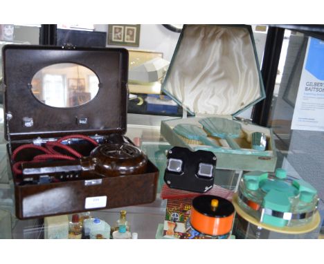 Vintage Plastics Including Bakelite Hairdryer, Art Deco Scent Bottle &amp; Cosmetic Set, Mirror &amp; Brush Set, etc. 
