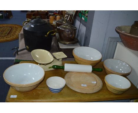 Kitchenalia Including Nutbrown Rolling Pin, Carved Breadboard, T.G. Green Bowls, Scales, etc. 