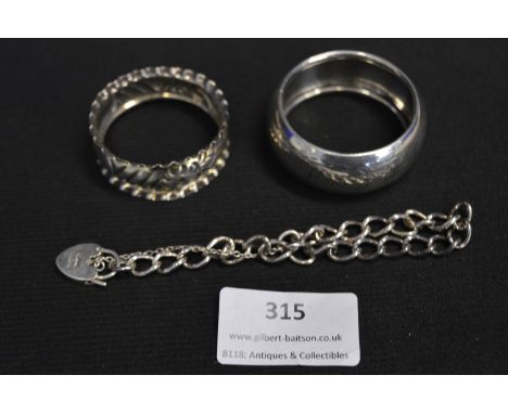 Two Silver Napkin Rings with Chain Bracelet ~36g total 