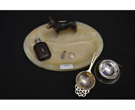 Marble dish with a Mounted Corgi and Other Collectibles Including Miniature Hip Flask and a Plated Strainer, etc. 