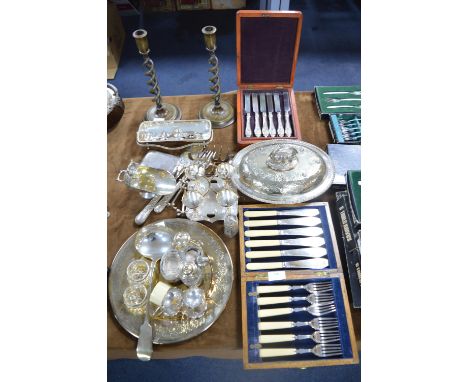 Silver Plated Ware Including Boxed Cutlery Sets, Covered Dishes, Servers and Glass Candlestick, etc. 