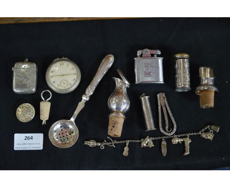 Silver Plated Items Including Vesta Case, Pocket Watch, Lighters, etc. 