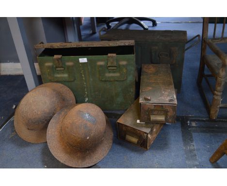 Two Metal Ammunition Boxes and Two Home Guard Helmets etc. 