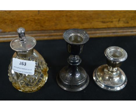 Two Silver Candlesticks and an Atomiser 